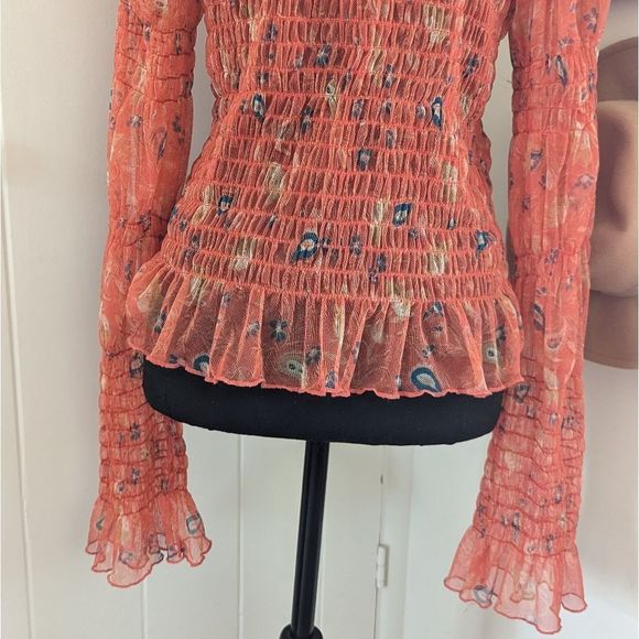 Free People Floral Shirred Mesh Bell Sleeve Fairycore Hippie Rock Top XL - Picture 11 of 14